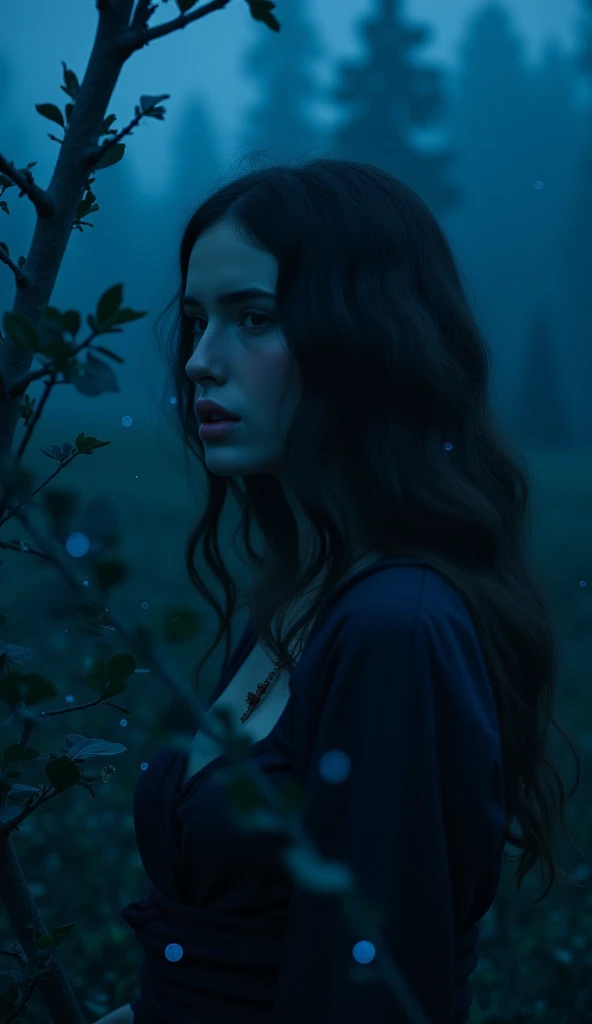 A full body side shot of a woman with dark wavy hair, ((very pale skin)), hiding inside a bush, cinematic shot, portrait, close up, thick mist, ((((deep dark sapphire blue color)))), at night, darkness, shadow, masterpiece, digitalart, painting, split comp...