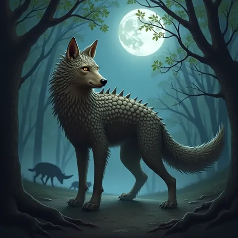 "Design a unique hybrid that combines the armored defense of a pangolin with the predatory instincts of a wolf. The creature should have a lean, wolf-like body covered in overlapping, metallic-looking scales that can be raised in defense. Its tail should b...