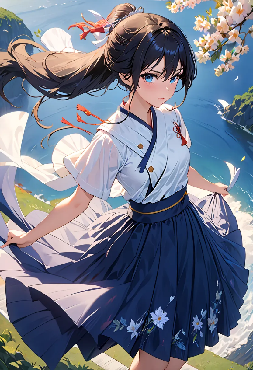 (Very Detached CG:1.2), (masterpiece:1.2), (Highest quality:1.2),,((Absard dress)),viewers,full body, ,(1 girl),Alone,( long hair),(Masayom uniform),( white shirt short sleeve ),(navy_blue pleated skirt),(long skirts),Dynamic Angle,standing,dynamic pose,((...