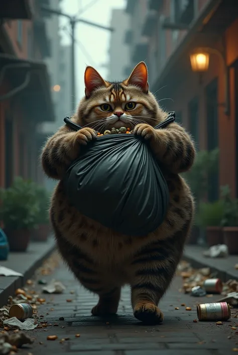 Create a picture of a fat cat walking, carrying a garbage bag, collecting garbage on a dark street in realistic 3D.