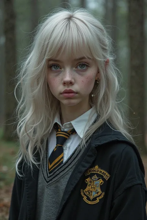 I want a similar style to Dasha Taran, but with silver-blonde hair, light blue eyes, pale skin, a necklace, a faint crescent-shaped scar on the right arm, looking mysterious, wearing a Hogwarts school uniform.