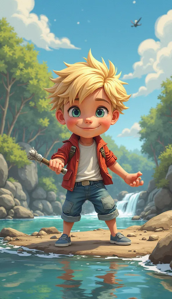 Character prompt: A cartoon character of a boy, blonde hair, ultra detailed, 2D, illustration
2D illustration of a boy, fighting a monster, next to a river, cartoon style, cel animation, cel animation, vibrant pastel colors