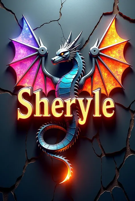 Hardcore blue red metal logo letters whose letters form  rainbow dragon wings, the name "SHERYLE" background silver cracked wall, bright fire light coming out from the cracks in the wall