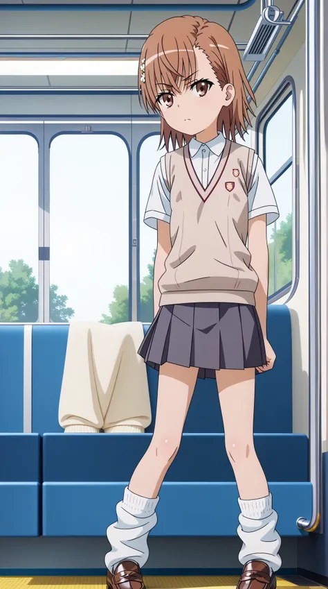 (UHD, retina, masterpiece, accurate, anatomically correct, super detail, high details,   highres, 1080P, 16k、high detail RAW color art:1.3)、 (misaka mikoto:1.3)、(short hair, brown hair:1.3)、(very flat chest:1.5)、(shiny skin:1.3)、(skirt, shirt, school unifo...