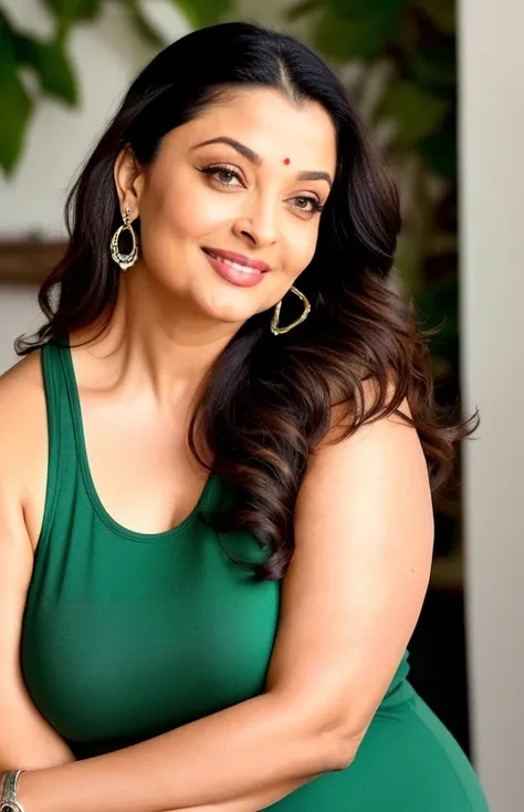 Full pic Aishwarya rai  ( age:50-55, detailed clothing:1.2, accessories:1.1, facial features:1.3, expression:happy, body type:curvy, pose:standing), smiling, wearing a green tank top, facing the camera directly, centered in the frame, medium shot, soft lig...