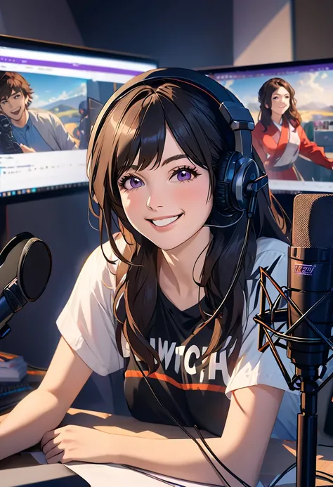  woman sitting at desk with computer and microphone, sitting in front of a microphone,  Twitch Streamer,  Twitch Streamer/Gamer Ludwig,  interview surrounded by photographers,  Accurate Portraits , Smiling and controlling , h3h3,  With a happy look ,  Accu...