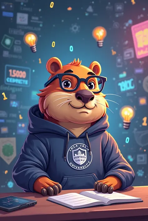 A cartoon-style capybara mascot representing 'Jala University,' a university specializing in software development. The capybara has a friendly and intelligent expression, wearing glasses and a hoodie with the 'Jala University' logo in a modern tech-inspire...