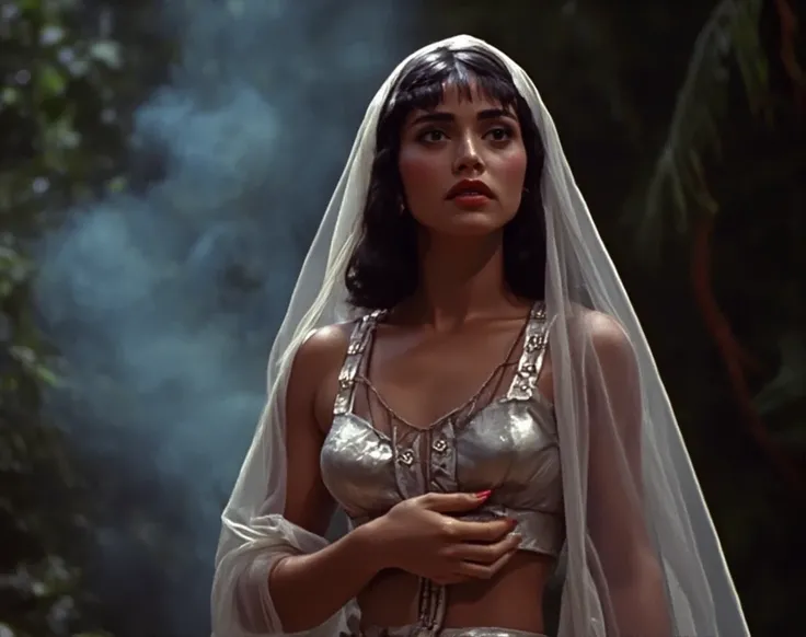 Olmec woman wearing dark red lipstick, wrapped in a translucent veil that slides over her shoulders, her silver lamê dress embracing her body, filmed in a jungle setting with smoke and shadows from the 1950s.