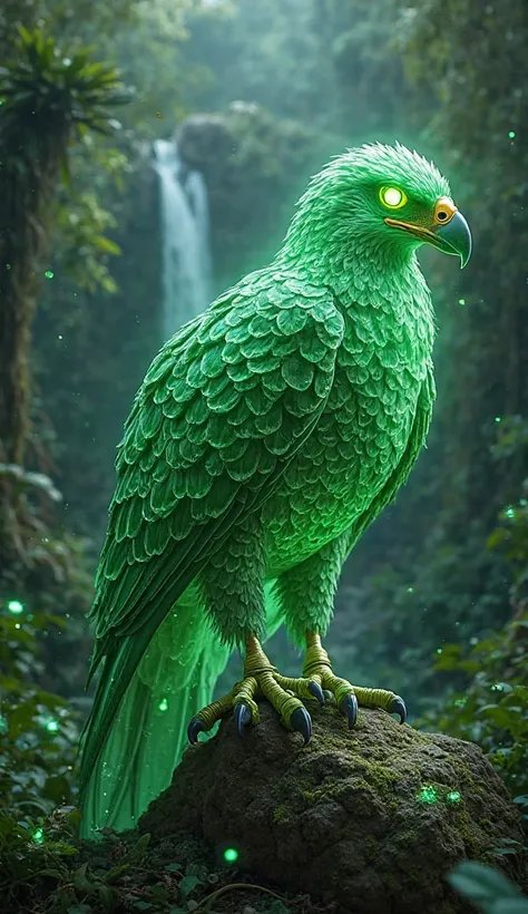 "A stunning fusion of an eagle and a vibrant green gem. Its emerald-infused feathers shimmer with an ethereal glow, while its talons and beak appear as if carved from jade. The eagle’s eyes glow with a deep green light, symbolizing wisdom and nature's powe...