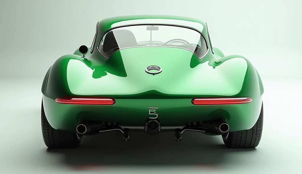 A captivating 3D render of the futuristic Classic Jaguar E Type showcasing a sleek, vibrant Parrot Green design that commands attention. The  Back view highlights cutting-edge Bright LED headlights spanning the vehicle's entire width, providing high visibi...