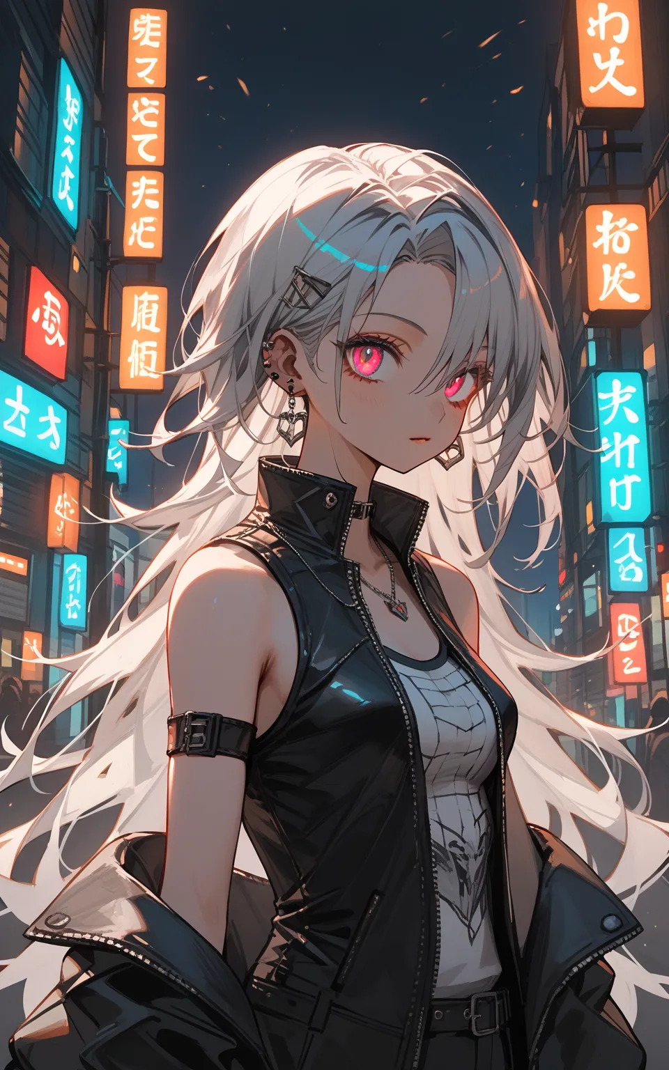 「Queen of Neon Streets」
Cute girl, (masterpiece: 1.2), (best quality: 1.2), (high definition: 1.1), silver-haired gyaru with damaged hair, standing confidently in neon-lit street. Dramatic neon lighting, vibrant urban night color palette. Anime artwork sty...