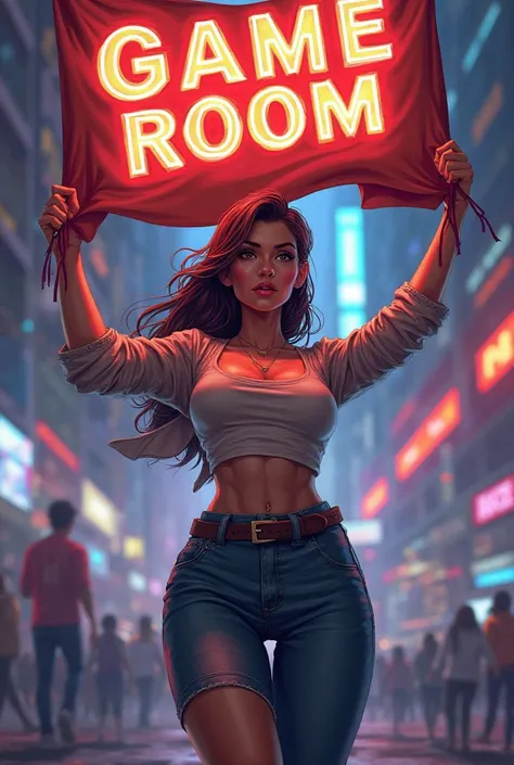 Lady Carrying banner with GAMEROOM written in it