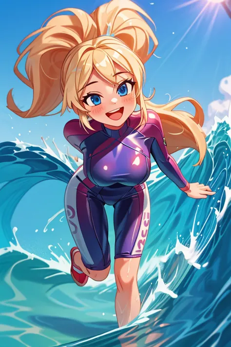 1 girl, surfing in the sea, outdoors, intricate detail, sunlight, in blue surfing suit, long blonde hair, blue eyes, smiley and sexy expression, sexy pose, coquette, gorgeous legs, mature  body, beautiful body, pronounced breasts.
