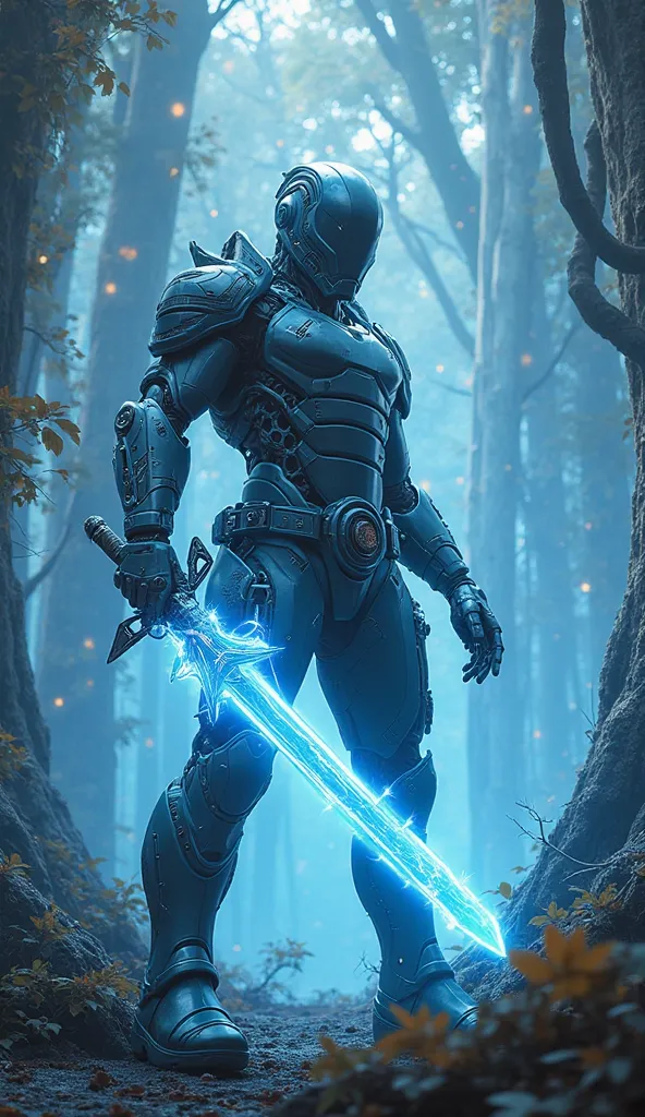 A cybernetic warrior in a futuristic forest, using a blue energy sword, surrounded by luminescent trees.