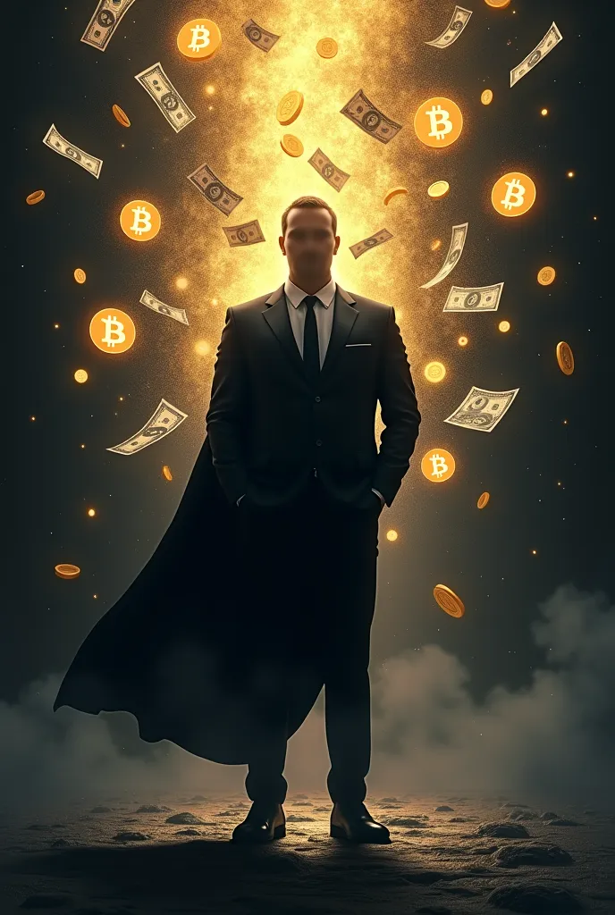 Create an image of a faceless businessman standing in a shadowy, mystical setting, surrounded by various financial symbols orbiting around him. Include elements like floating gold coins, Bitcoin logos, and dollar bills that shimmer against a black backgrou...