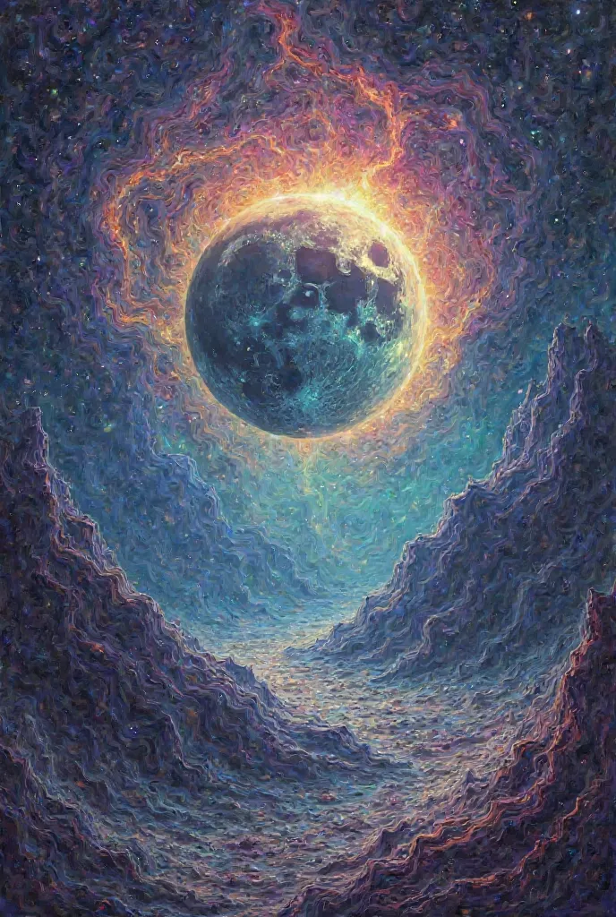 Create a psychedelic image for a new Moon in the sky. 