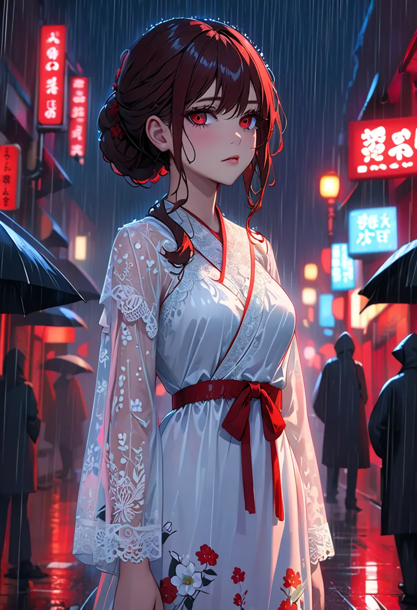 ((Highest quality, 8k,  lace maxi dress standing in the rain,  standing in the rain, Red Light District, Highly Detailed Face and Skin Textures, detailed eyes, double eyelid.)