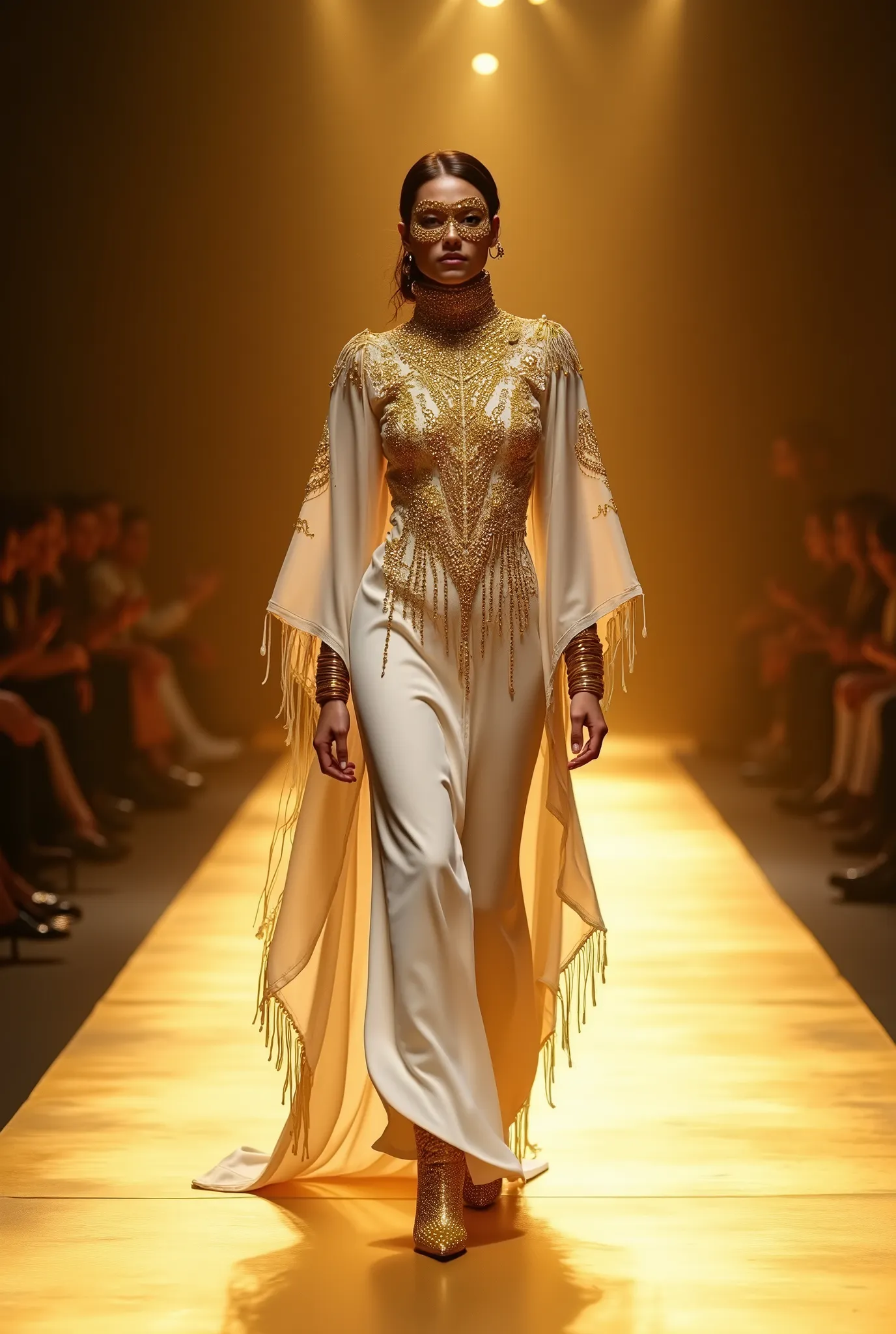 /imagine prompt: A full-body runway shot of a high-fashion model striding powerfully down a dimly lit golden runway. She wears a long, structured white silk abaya, tailored إلى perfection with a sharp, asymmetrical cut.  

The entire front is embellished w...