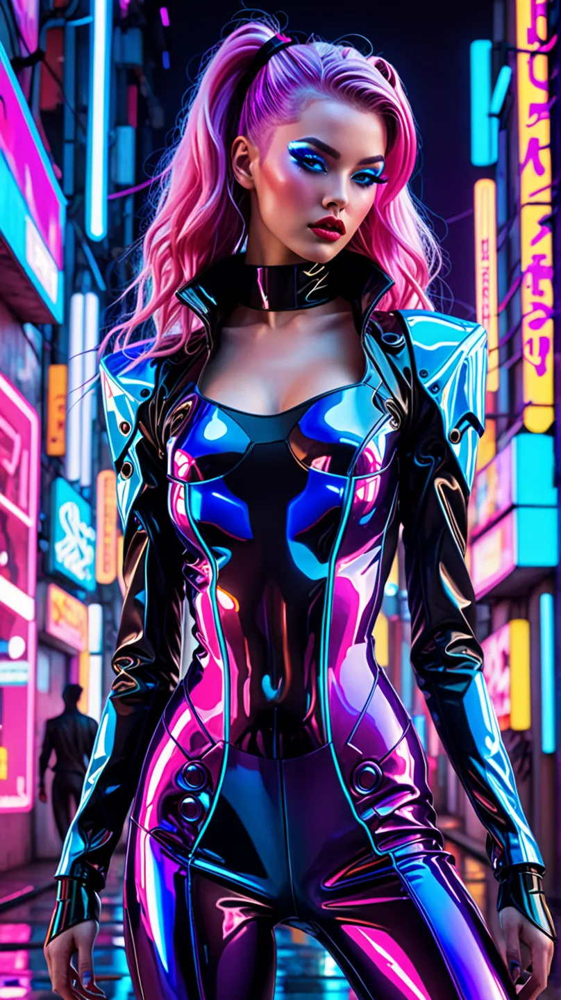 "A retro 1980s cyberpunk anime pinup featuring stunning android girls posing seductively. They have striking neon-colored hair—vibrant blues, purples, and pinks—styled in bold, futuristic cuts. Dressed in skin-tight, skimpy patent leather jumpsuits that re...