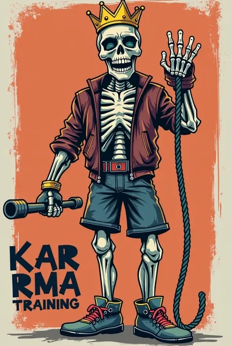 CREATE A VERY ROUGH CROSSFIT SKELETON IN A CARTOON THAT HAS A CROWN ON ITS HEAD, CROSSFIT CLOTHING THAT ALSO HAS AN IRONIC SMILE IN FUCHCIA COLORS AND THAT HAS A BAR IN THE HAND AND A ROPE IN THE OTHER, IN ADDITION TO THE NAME KARMA TRAINING UNDERNEATH