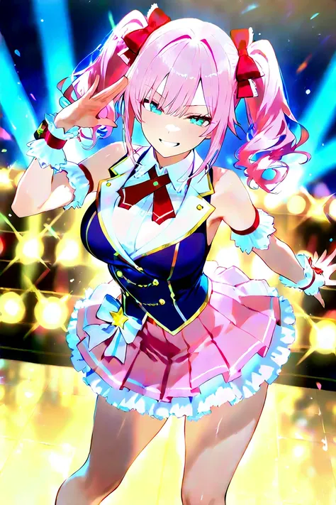 Beautiful Girl。 idol。twin tails。pink hair。 idol衣装。miniskirt。cheeky face。 smirking 。Dancing poses。 Panchira。