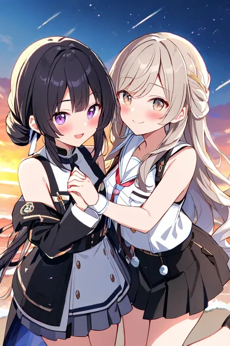  2 women、 character for V21（ light beige hair、 shoulder-length hair in the image、Curl inward、 white sailor suit、灰色チェックのミニskirt、Light beige eyes、Long、smile）、 character for V2２（ black hair、long hair、 black suit、bottom（skirt）、 inner（ blue t-shirt）、 purple eye...