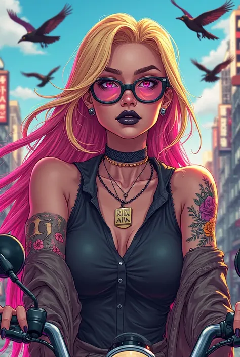 Woman with long straight blonde and fuchsia hair with a circle of pink eyes black lips a ring on her nose dark glasses wears a sleeveless polo shirt and a black jacket has tattoos all over her arm and neck with colored flowers, wear a necklace or necklace ...