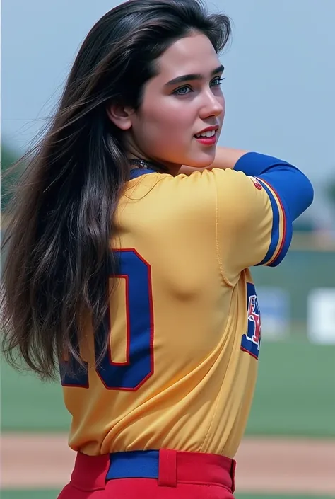 ( masterpiece, Highest quality:1.2),   dynamic pictures  、 beautiful  old girl ,  Jennifer Connelly,  full body photo, she's playing baseball as a batter., Colorful uniform with blue base, She's wearing a colorful uniform., She's swinging the bat with all ...