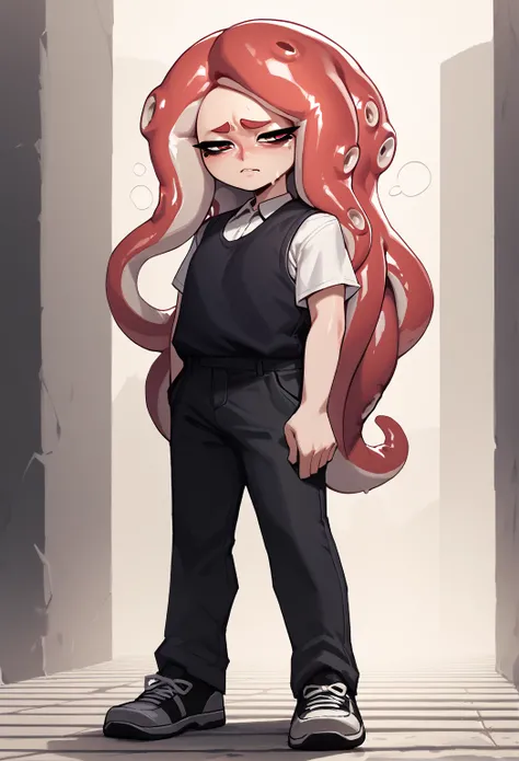  1 number, white t-shirt with a vest on it,  black pants, Dress shoes, octopus eyes,  by Rapado, tired face,  boring look, Tentaculs come out of his back