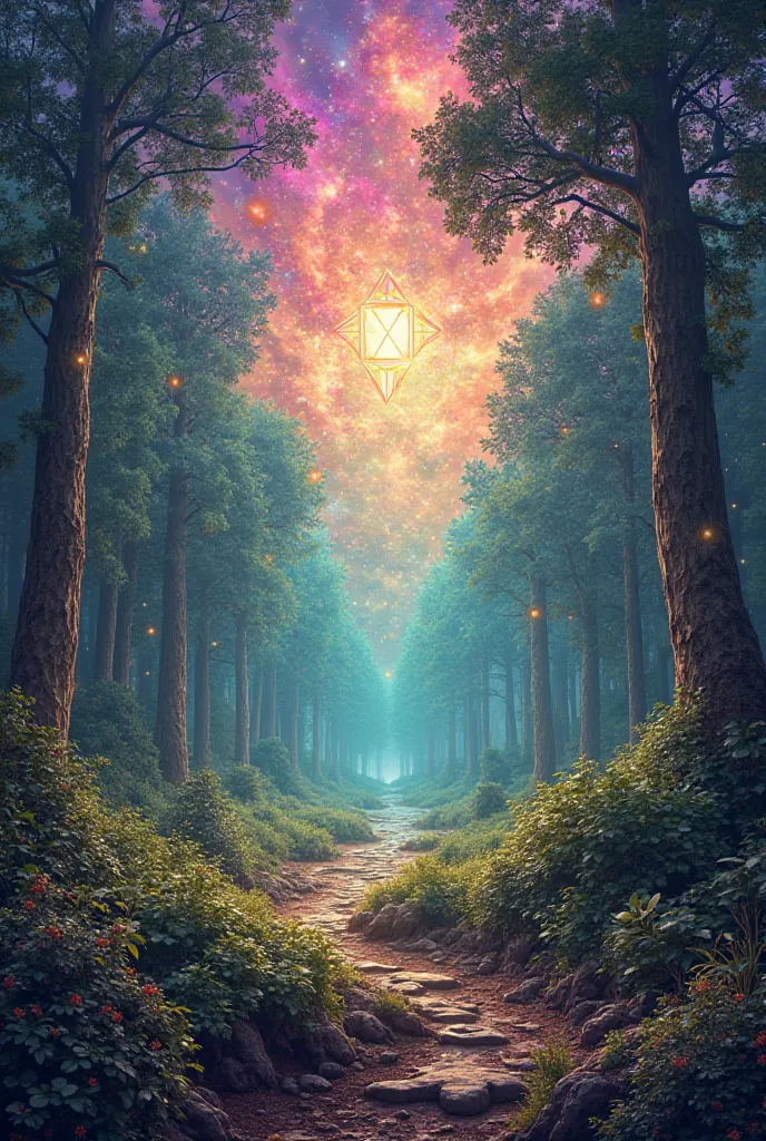 Create a psychedelic image of a forest clearing and the sky with a psychedelic geometric image used at raves parties. 