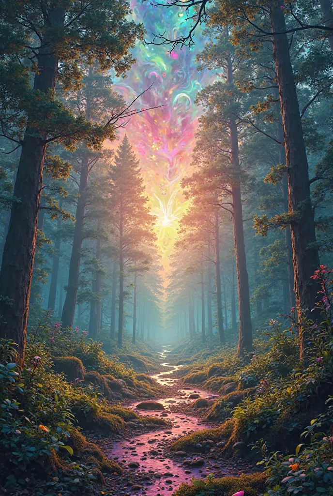 Create a psychedelic image of a forest clearing and the sky with a psychedelic geometric image used at raves parties. 