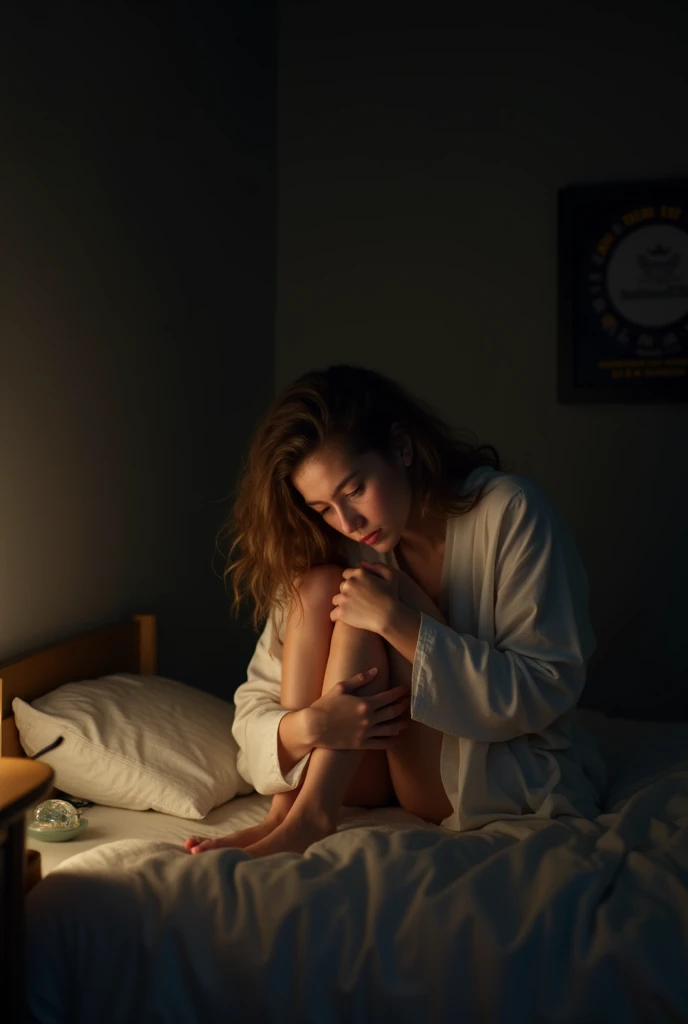 "A young woman of approximately 20 years old is sitting on the bed,  hugging knees , with a worried and distant look.  your bedroom is dark , illuminated only by the weak light of a lamp or the cell phone next to. She has dark circles and an expression of ...