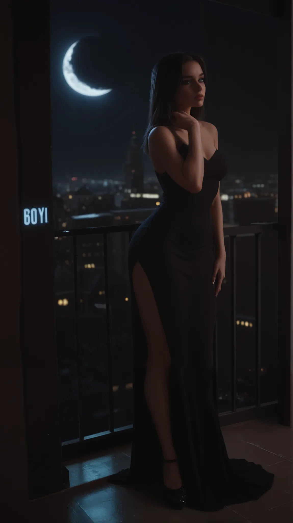 tall details, High quality,  standing woman ,  turned back, Looking over my shoulder long tight dress, in a night cityscape. She wears a long and elegant dress,  with a deep neckline on the back . The dress has dark tones, probably blue and red. The woman ...