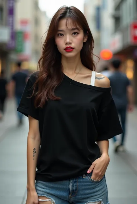 A beautiful married japanese woman wearing a black oversize drop shoulder style tshirt and jeans style shorts.she's white bra strap seen.she have makeup, red lipstick, brown hair,ver long brown hair,hair on her shoulder.she have tattoo on her hand a small ...