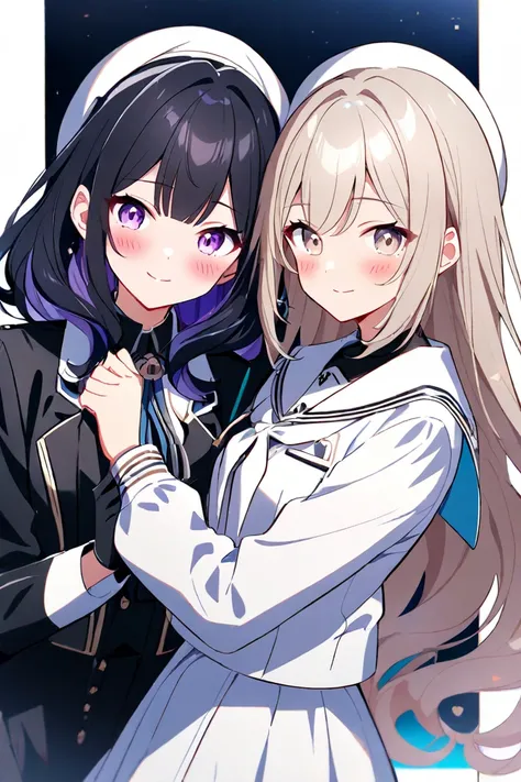  2 women、 character for V21（ light beige hair、 shoulder-length hair in the image、Curl inward、 white sailor suit、灰色チェックのミニskirt、Light beige eyes、Long、smile）、 character for V2２（ black hair、long hair、 black suit、bottom（skirt）、 inner（ blue t-shirt）、 purple eye...