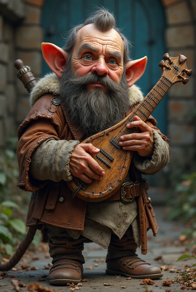 A 103 year old dwarf bard with normal ears 128 centimeters tall and 82 kilos, with blue eyes , tanned complexion and brown hair, holding a lyre and wearing leather armor