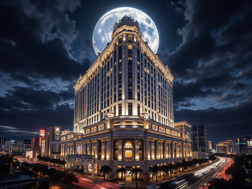 Five-star hotel , Luxury Hotel ,  at night, Beautiful Moonlight, Las Vegas,  Realistic, masterpiece, movies, Clear Details, 8K resolution, front view.
Types of creation