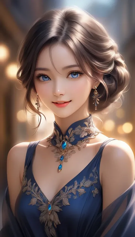 A stunning semi-realistic digital painting of an irresistibly beautiful young woman who captivates every man around her. She has mesmerizing eyes, a radiant smile, and a confident yet elegant posture. Her hair flows gracefully, and she wears a stylish yet ...