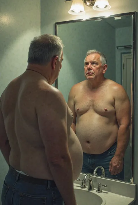 Create an image for me of a fat person looking in the mirror, and his reflection shows a thin person of himself