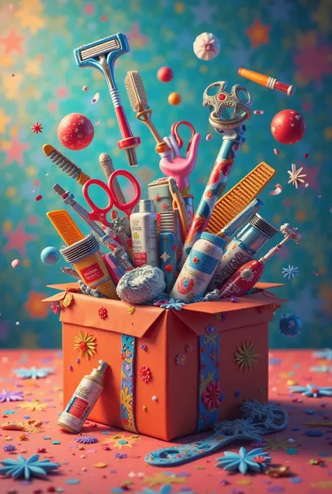 An open gift box with scissors, combs and shaving products coming out of it, on a colorful and festive background.