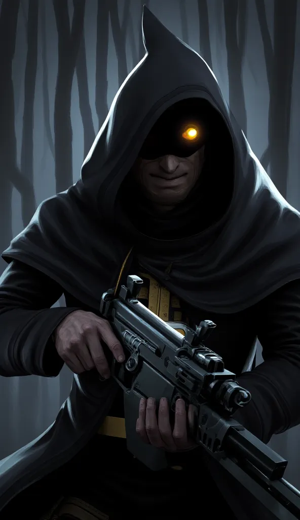 Handsome man in a hood, naruto renegan eyes, the face is not visible, only the eye, holds a futuristic sniper rifle in his hands.