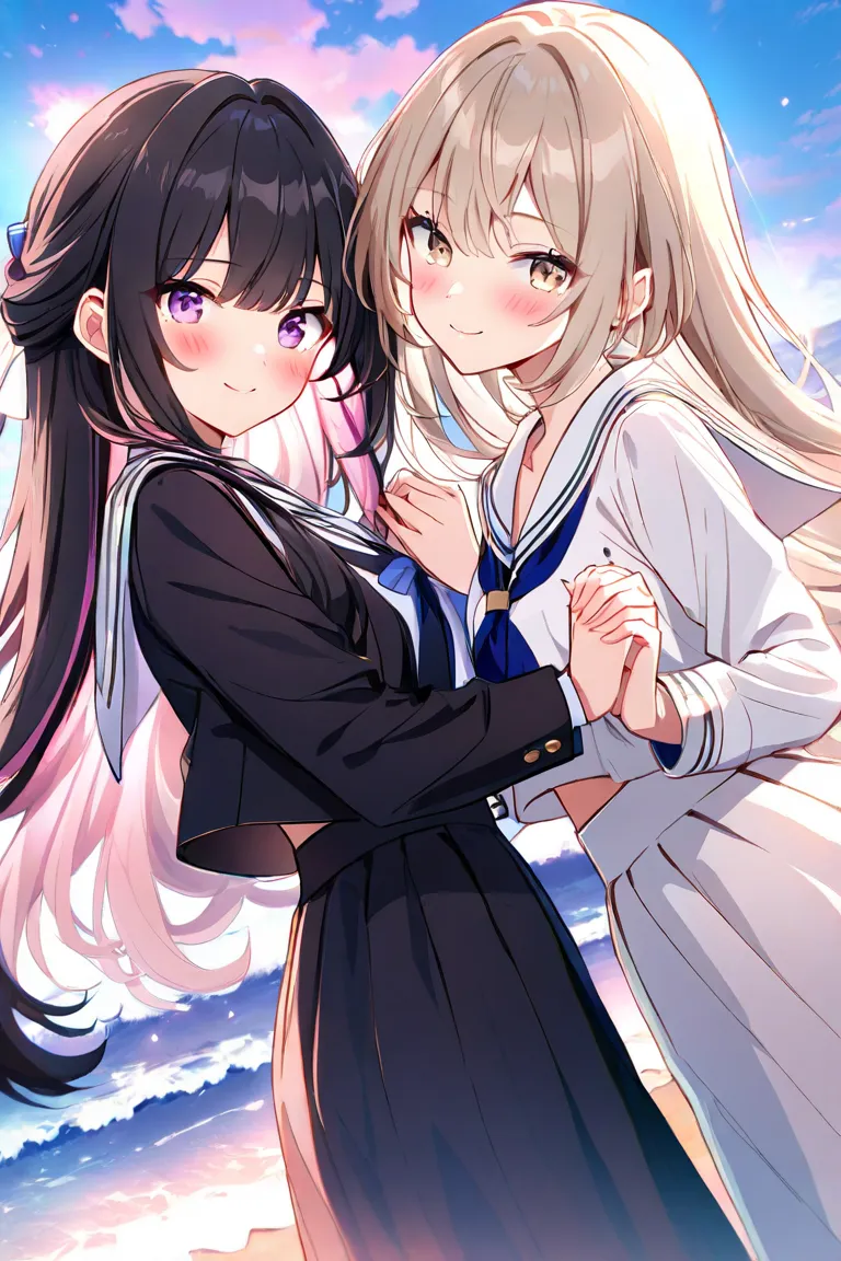  2 women、 character for V21（ light beige hair、 shoulder-length hair in the image、Curl inward、 white sailor suit、灰色チェックのミニskirt、Light beige eyes、Long、smile）、 character for V2２（ black hair、long hair、 black suit、bottom（skirt）、 inner（ blue t-shirt）、 purple eye...