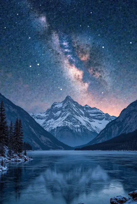 Here’s a detailed prompt to generate an image similar to the one you uploaded:

**Prompt:**  
"A breathtaking night-time landscape featuring a snow-covered mountain range under a stunning, vivid Milky Way sky. The towering peaks of the mountains are illumi...