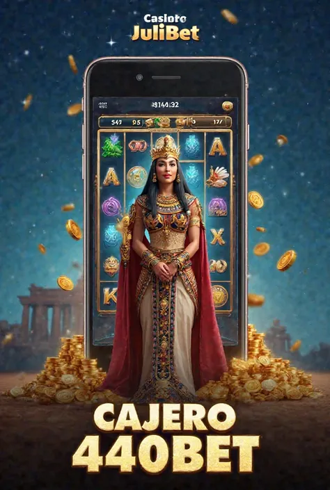 A cinematic shot of an elegant Egyptian queen character standing in front of a mobile phone display. The queen is adorned in a vibrant and detailed costume, with a golden headdress and jewellery. She is holding a sceptre. The background is a deep blue sky ...