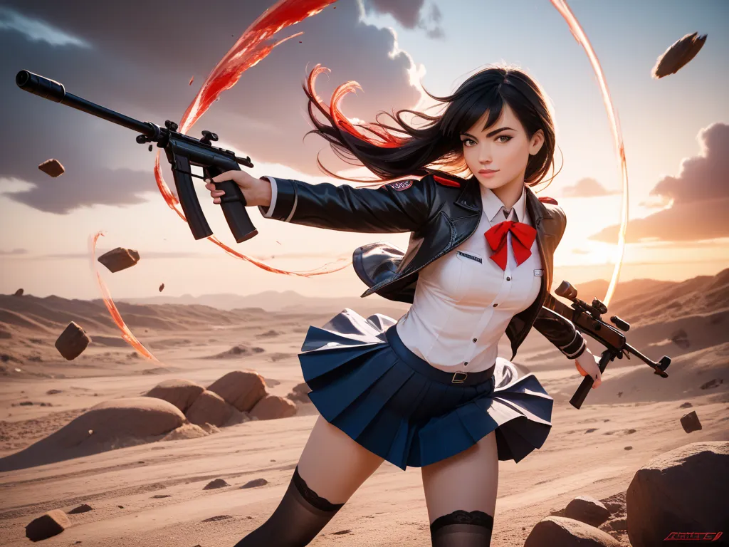 "An anime-style young woman in a dynamic combat pose, wielding a large sniper rifle, with long flowing black hair blowing in the wind. She wears a black jacket, skirt, and thigh-high black socks, with red accents (like ribbons or blood splashes). The backg...