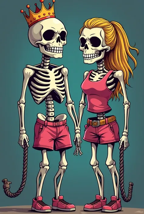 
CREATE TWO VERY ROUGH SKELETONS OF MEN AND WOMEN FROM CROSSFIT IN A CARTOON WITH A CROWN ON THEIR HEADS, CROSSFIT CLOTHING THAT ALSO HAS AN IRONIC SMILE IN FUCHCIA COLORS AND THAT HAS A BAR IN THE HAND AND A ROPE IN THE OTHER, IN ADDITION TO THE NAME KARM...