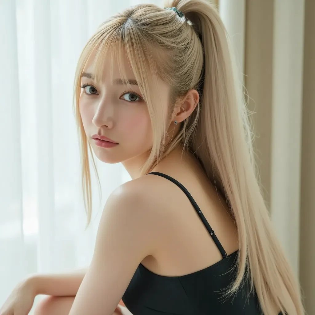 white blond long hair、 hairstyle is straight、 light background、super long hair、ponytail、black maid outfit、ponytail