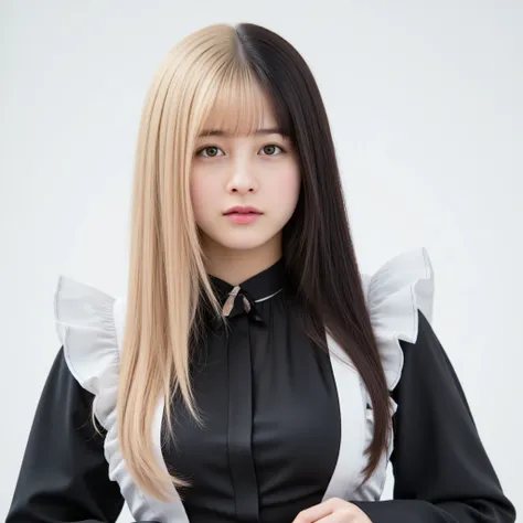 Two-tone blonde and black hair、、 hairstyle is straight、 light background、black maid outfit、The color of the hair is different on the left and right、long hair、