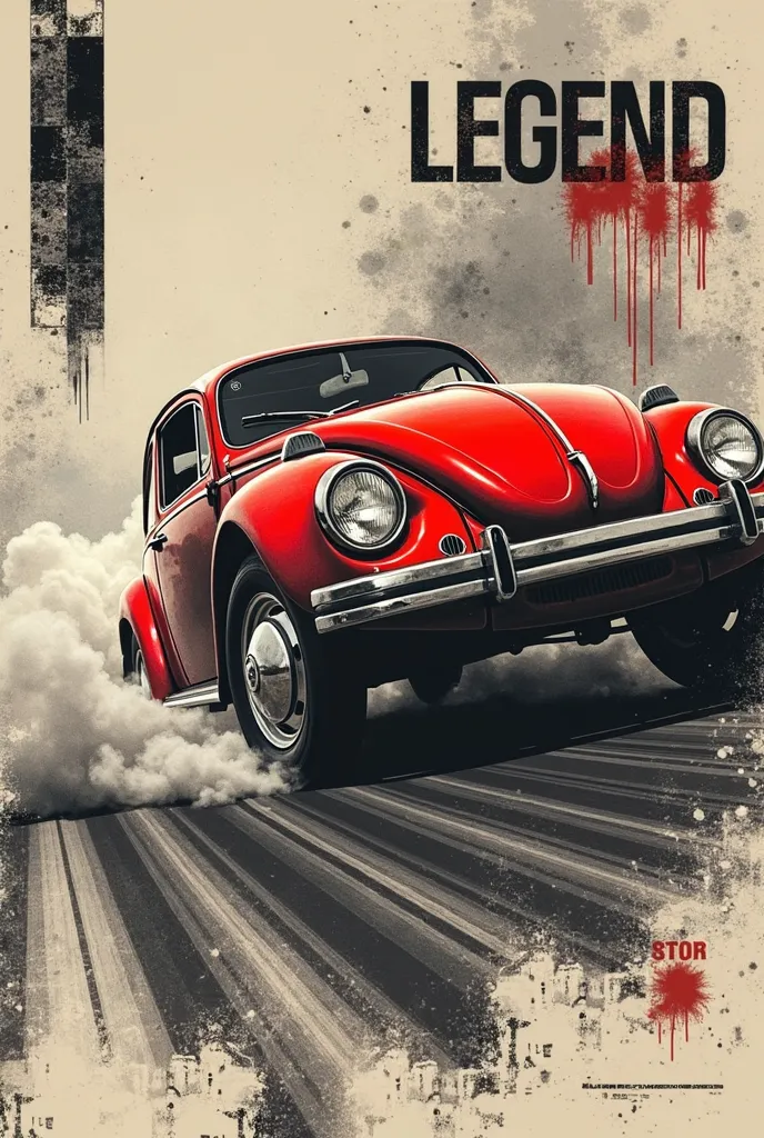 A brutalist retro-futurism poster featuring a legendary classic muscle car, mid-motion, with dust and smoke trailing behind. The car, a Super Beetle de 1971 red color, is captured in a dynamic three-quarter view, showcasing its aggressive stance, bold raci...