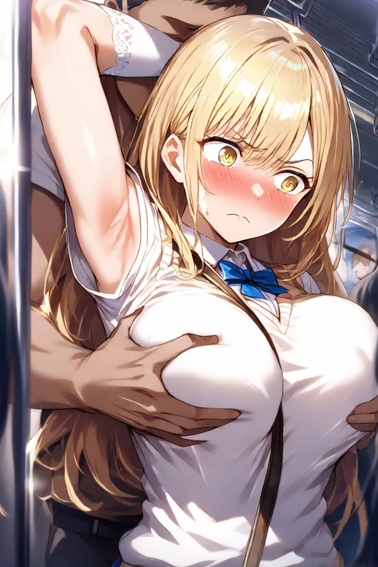 Nsfw, ,1 girl, blonde hair, solo, chest, gloves, sweater vest, long hair, white gloves, big breasts, school uniform, person watching, elbow gloves, smile, symbolic eyes, yellow eyes, short sleeves, shirt, strap between the chest, blush, white shirt,,holdin...